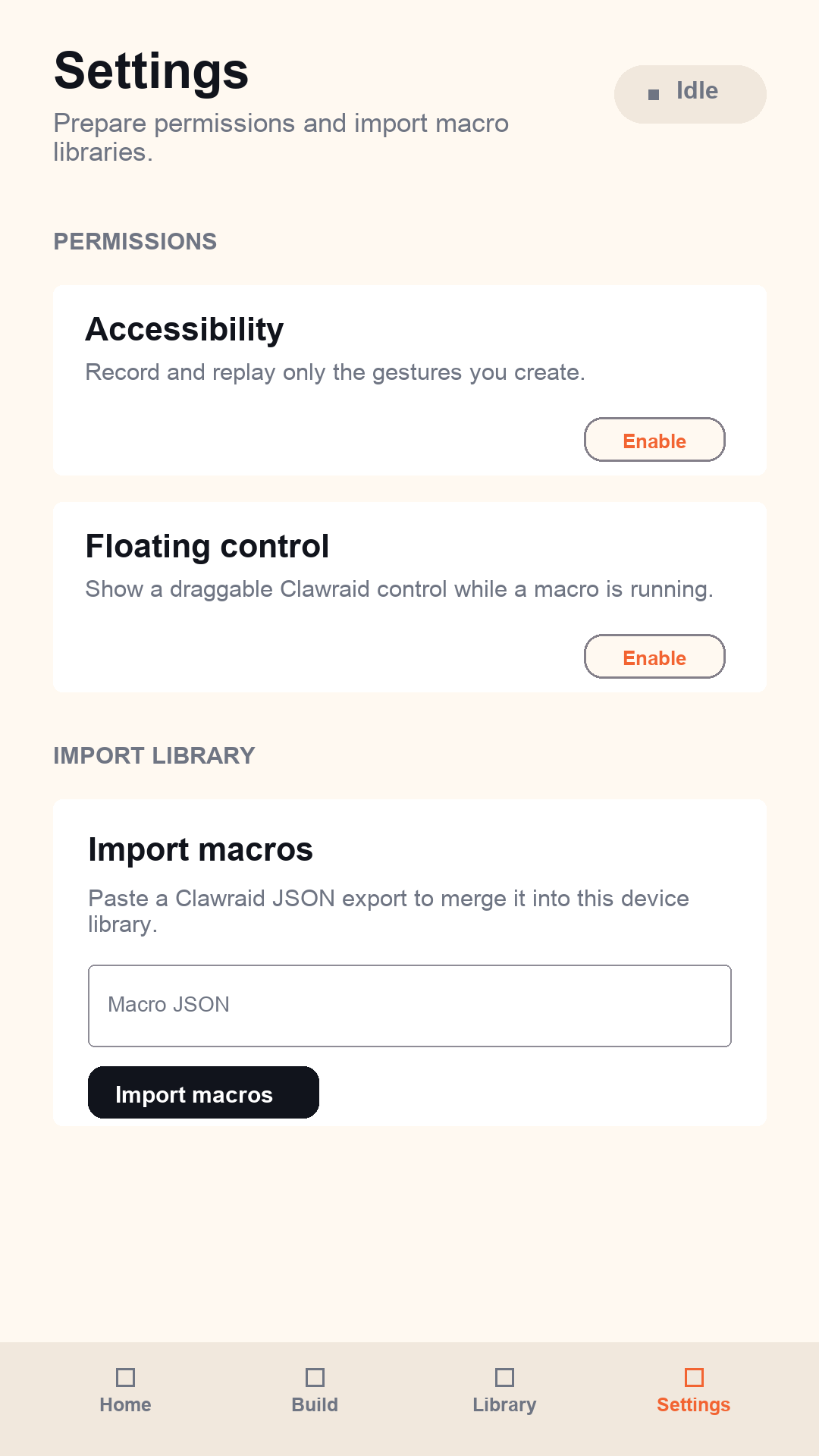 Clawraid settings screen